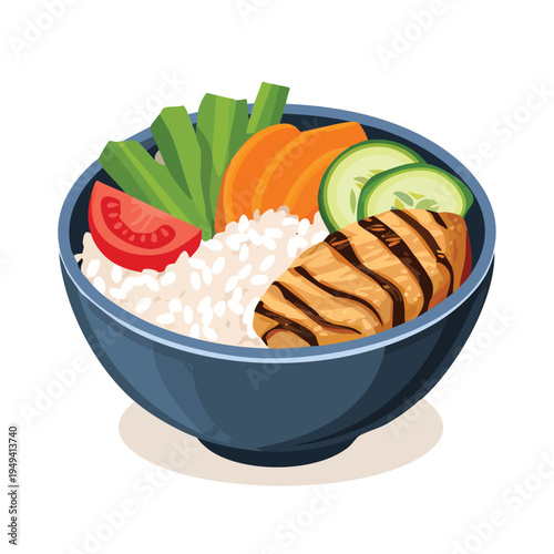 Healthy bowl of rice vegetables and grilled chicken with blue bowl vector illustration