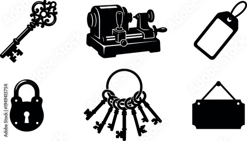 Black silhouette vintage keys padlock old fashioned keyring price tag hanging sign vector icons set