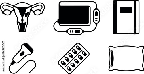 Black and white minimalist medical icons set showing uterus screening ultrasound device pill pack diary and pillow elements