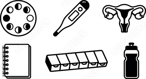 Black and white vector icons of menstruation cycle thermometer uterus notebook pill organizer and water bottle