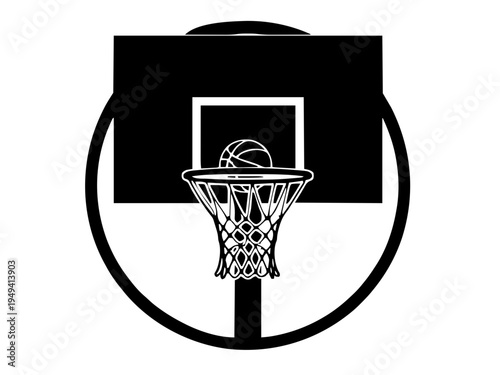 Ein Basketball fällt durch einen Korb mit Netz. Das Motiv zeigt den Moment eines erfolgreichen Wurfs.KI Generiert