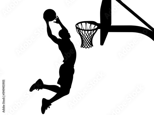 Ein Spieler springt hoch und führt einen spektakulären Dunk aus. Das Design betont Kraft und Athletik.KI Generiert