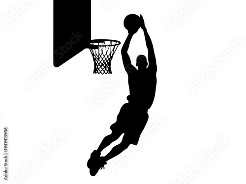 Ein Spieler springt hoch und führt einen spektakulären Dunk aus. Das Design betont Kraft und Athletik.KI Generiert