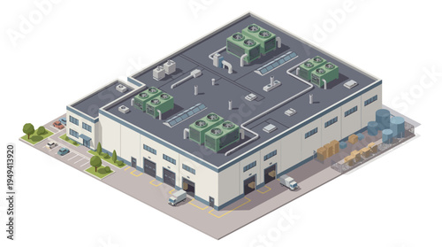 Isometric view of a modern industrial building with loading docks and rooftop HVAC units, showcasing logistics and manufacturing infrastructure