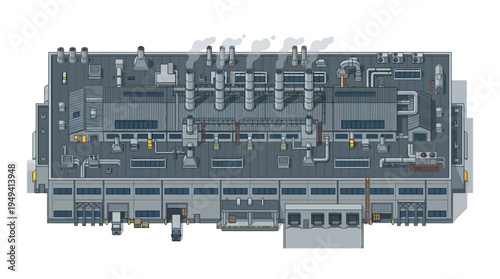 Top-down view of a large, modern industrial complex with multiple buildings, smokestacks, and loading docks, showcasing manufacturing or production facilities