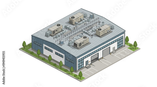 Isometric illustration of a modern warehouse building with rooftop ventilation systems and surrounding greenery