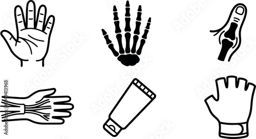 Black and white vector icons of human hand anatomy with medical joint illustration skin cream and protective glove in simple line art