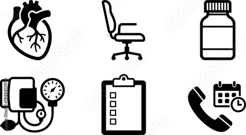 Medical black line art icons of human heart blood pressure monitor office chair medicine bottle clipboard phone call calendar schedule