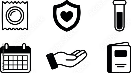 Black and white medical safety icons set including condom calendar hand shield and test tube illustrations