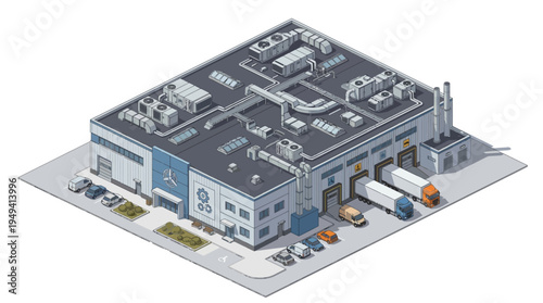 Isometric view of a modern industrial warehouse with loading docks and delivery trucks outside