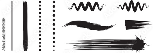 A collection of black brush strokes and lines on a white background for artistic design