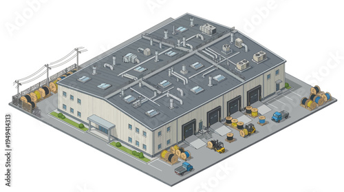 Isometric warehouse exterior with industrial equipment and cable spools, featuring loading docks and storage areas