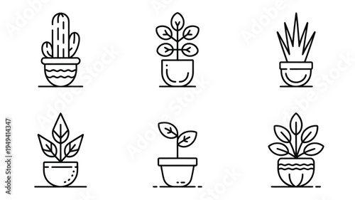 Indoor House Plant Outline Icon Set with Potted Plants, Leaves and Botanical Symbols