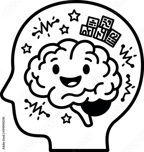 Minimalist vector art smiling brain inside human head with stars and abstract lines creative thought concept illustration