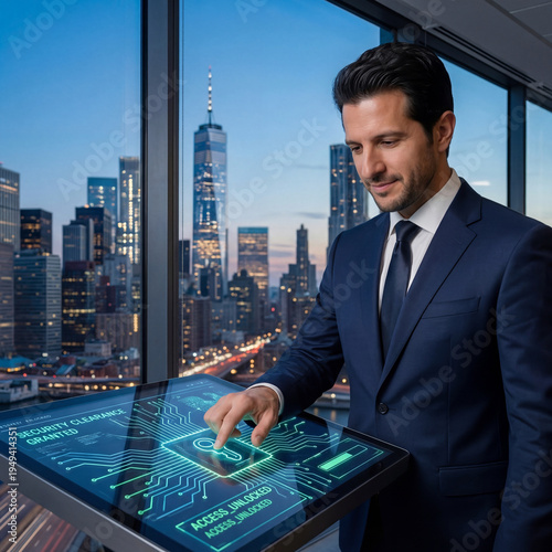 Cyber Security Expert: A sharp business person in a sleek suit interacts with an advanced touchscreen interface.