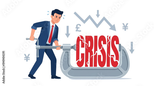 Businessman clamps 'CRISIS' with urgency, depicting financial struggle and economic downturn amidst falling markets