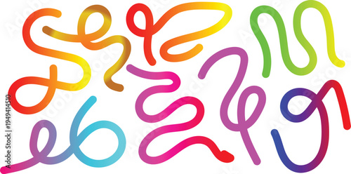 Vibrant colorful squiggles in various hues and shapes on a white background
