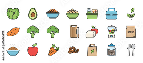 Healthy food icons vegetables, fruits, grains, and meals for a nutritious lifestyle