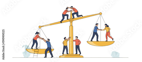 Collaborative effort to balance a scale, symbolizing justice, fairness, and equity through teamwork and support