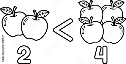 Flat design black outline comparison of two apples less than four apples vector art minimalistic style