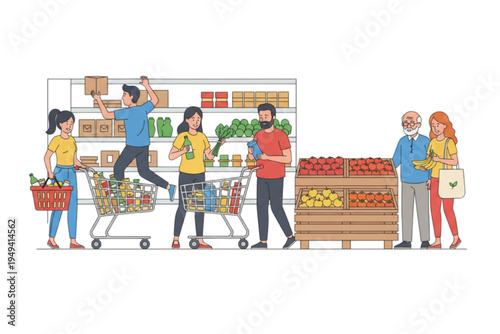 People shopping for groceries in a supermarket aisle with fresh produce