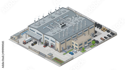 Isometric View of an Industrial Warehouse Building with Trucks and Cars Outside