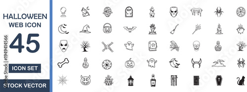 Halloween Line Icon Set: 45 Editable Vector Outlines of Spooky Characters, Witchcraft Symbols, and Horror Elements