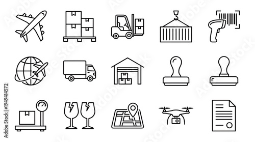 Comprehensive set of logistics and delivery line icons for modern shipping and transport solutions