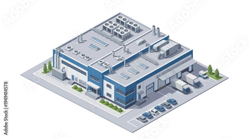 Isometric view of a modern industrial warehouse with loading docks and delivery trucks, reflecting logistics and supply chain operations