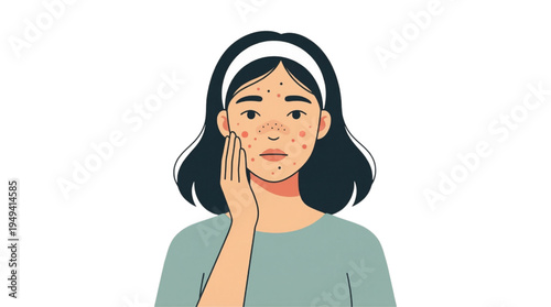 Illustrative representation of a young woman experiencing a facial breakout and skin irritation