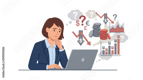 Stressed businesswoman facing a challenging financial crisis, analyzing the severe business downturn and economic struggle with uncertainty