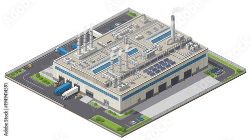 Isometric view of a modern industrial factory building with loading docks, trucks, solar panels, and factory chimneys, representing industry and manufacturing processes