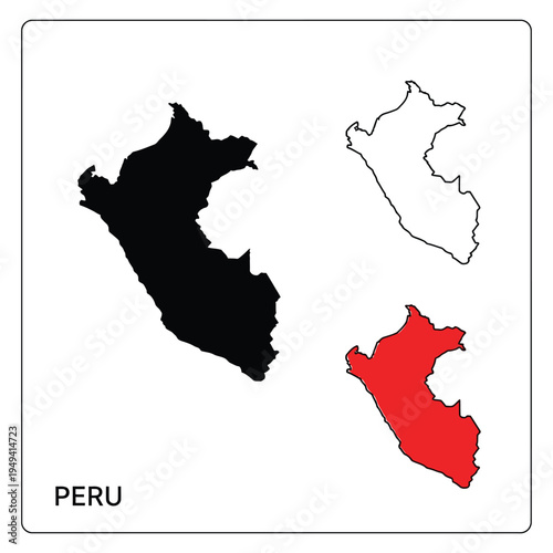 Peru map icons set with black silhouette thin line outline and red filled country graphics