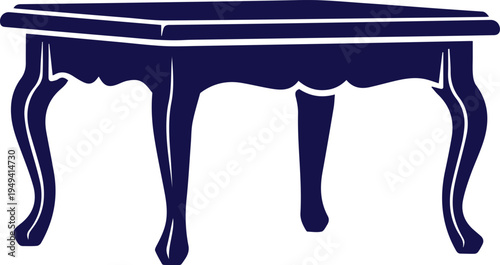 Vintage ornate furniture collection with classic console tables, decorative vases, elegant armchair and round pedestal table, black silhouette vector illustration isolated on white background.