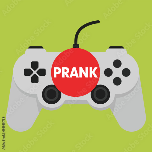 Video game controller with a red prank sticker covering the center buttons representing gaming humor and april fools day tricks