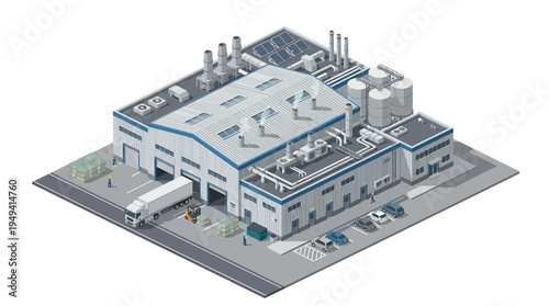 Modern industrial factory building with solar panels and trucks, representing logistics and manufacturing