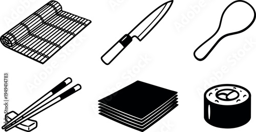 Black and white flat design sushi rolling mat knife spoon chopsticks seaweed sheets and sushi roll vector set