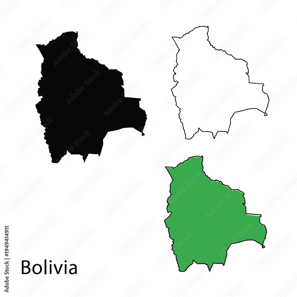 Obraz premium Bolivia map icons set including black silhouette outline and green color on grid backdrop