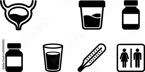 Black and white vector icons showing bladder with liquid glass medicine bottles digital thermometer and restroom sign in minimal flat design style
