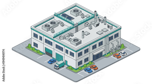 Isometric Industrial Building with Trucks and Cars in a Lot
