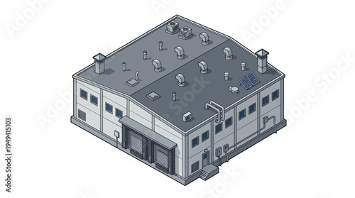 Isometric view of a modern industrial warehouse building with solar panels on the roof, perfect for architectural or business concepts