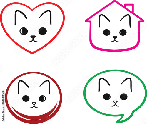 Set of four cute cat face logos in different shapes including heart, house, circle and speech bubble. Simple and playful animal design isolated on white background. Perfect for pet shop, cat cafe, ani
