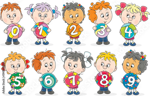 Happy little schoolboys and schoolgirls friendly smiling and holding colorful number balls, a set of vector cartoon illustrations on a white background