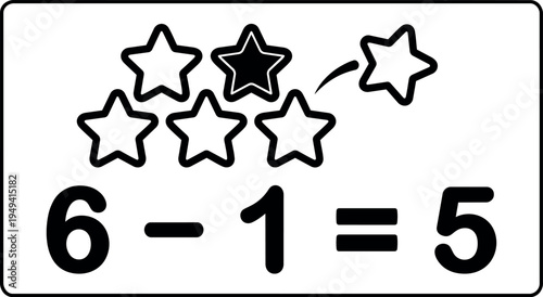 Simple black and white vector illustration of six stars with one star being removed illustrating subtraction math concept