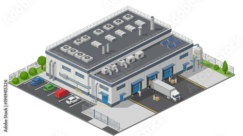 Isometric warehouse building with loading docks, trucks, cars, and solar panels on the roof