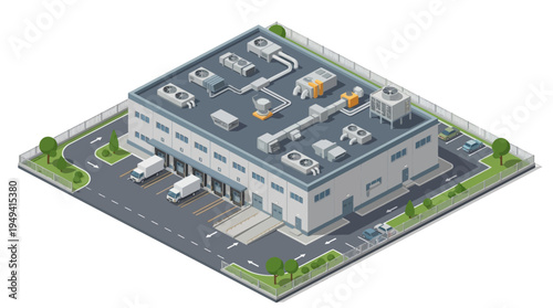 Isometric View of a Modern Industrial Warehouse Building with Loading Docks and HVAC Systems
