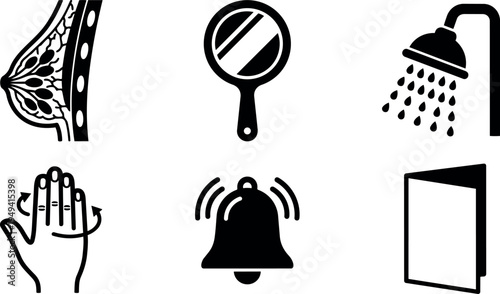 Flat design vector icons showing breast anatomy hand massage mirror shower bell and brochure isolated on white background