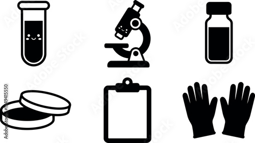 Simple black laboratory icons including smiling test tube microscope spray bottle petri dish clipboard and gloves in flat vector style