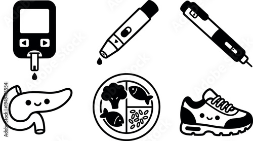 Black and white vector icons of diabetes equipment smiling pancreas balanced diet plate and running shoe with clean simple design