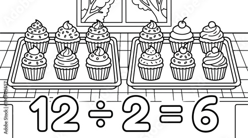 Black and white line art illustration of twelve cupcakes divided into two trays showing six cupcakes on each tray with math division equation